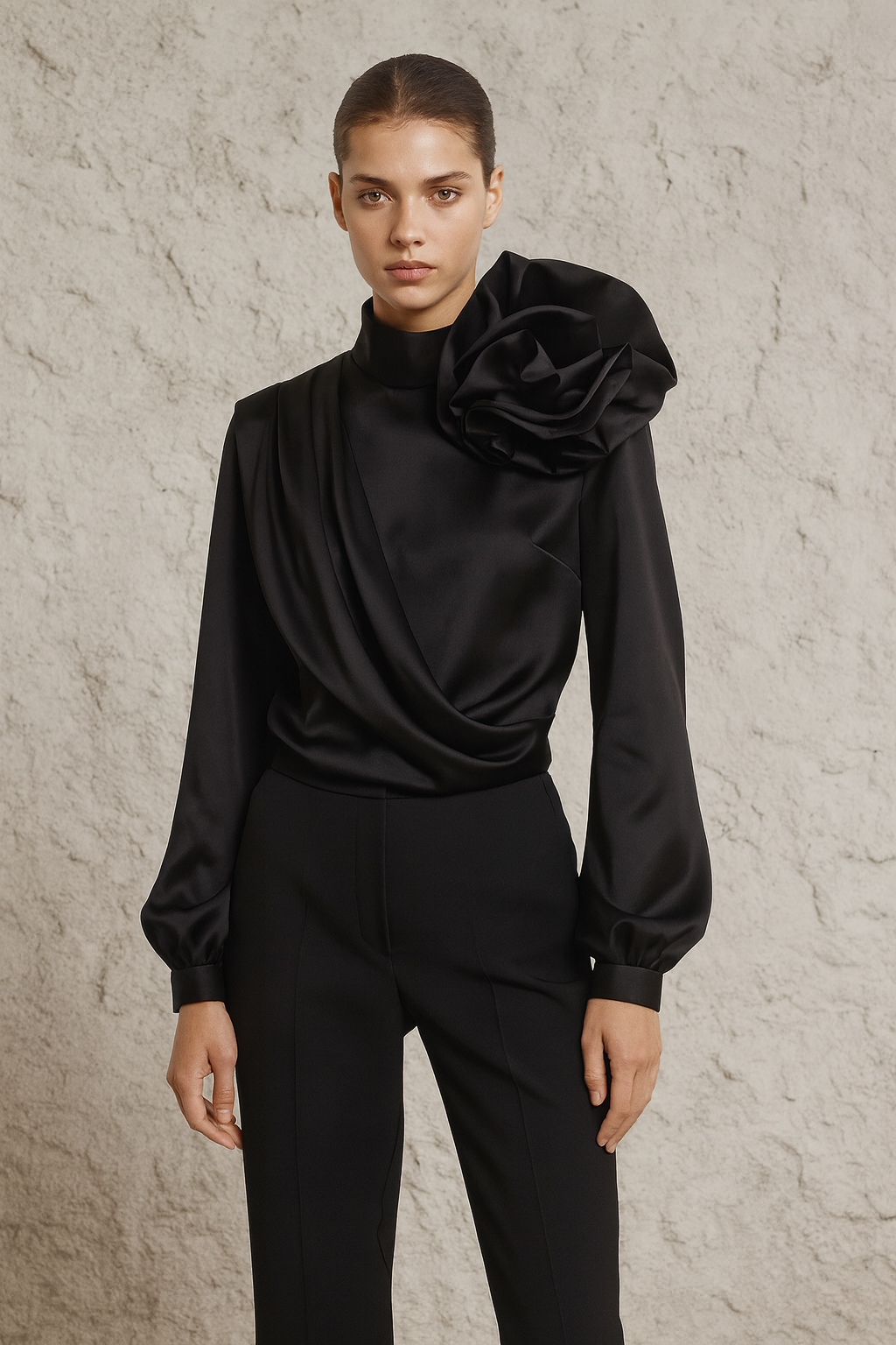 Draped Satin Rose Shoulder Blouse