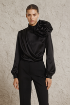 Draped Satin Rose Shoulder Blouse