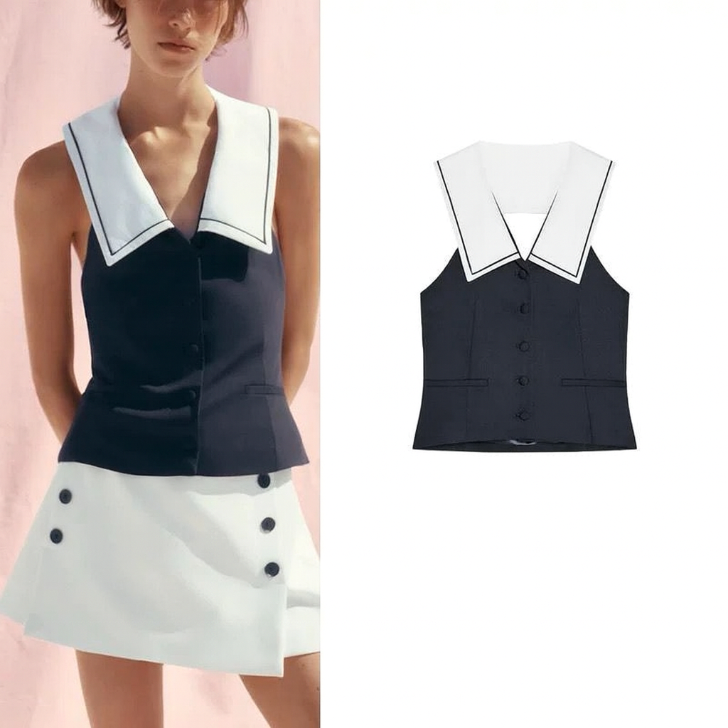 Contrast sailor-collar vest halter neck top