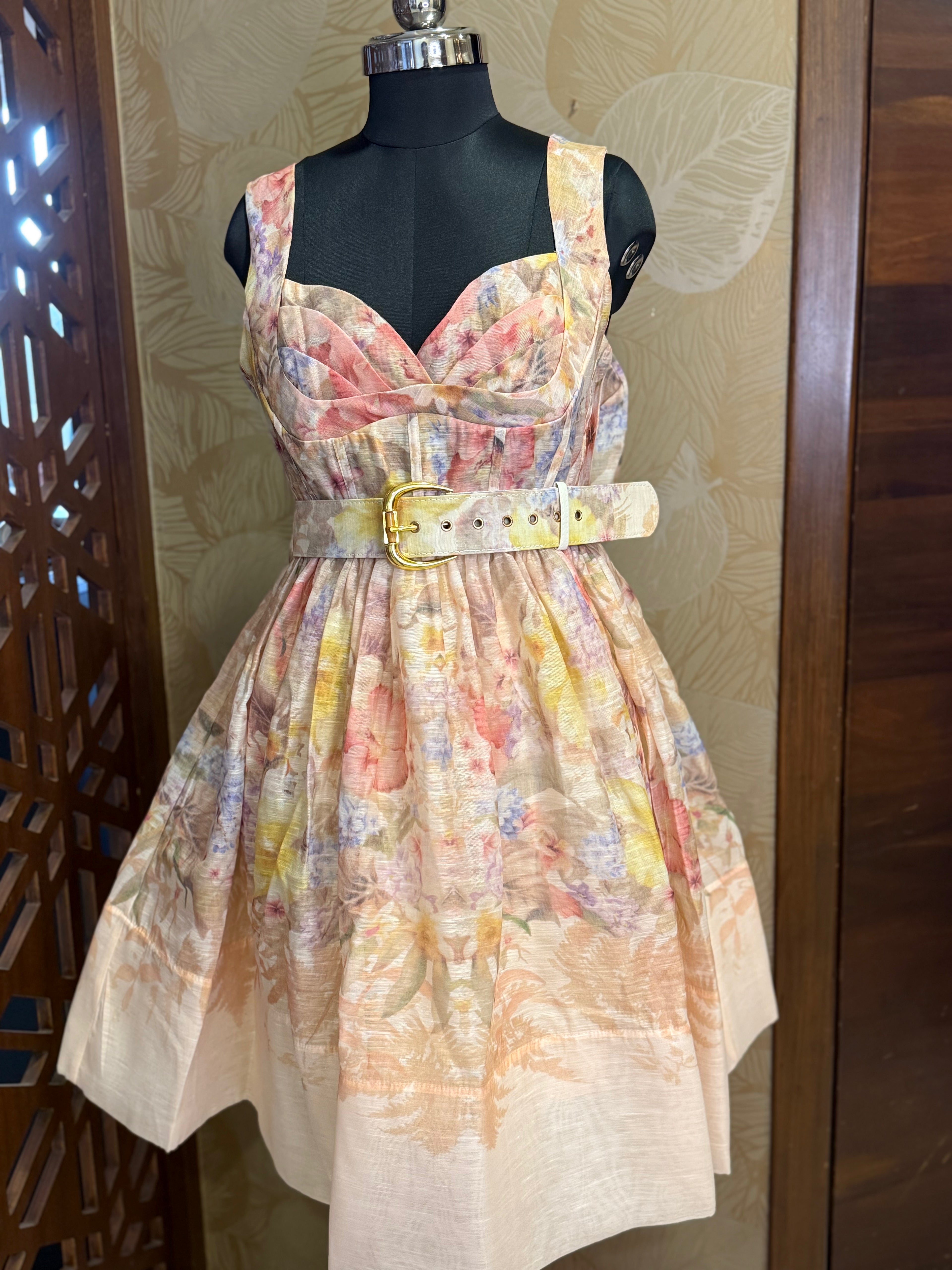 Pastel Watercolor Linen Dress with Pleated Bust & Belted Waist