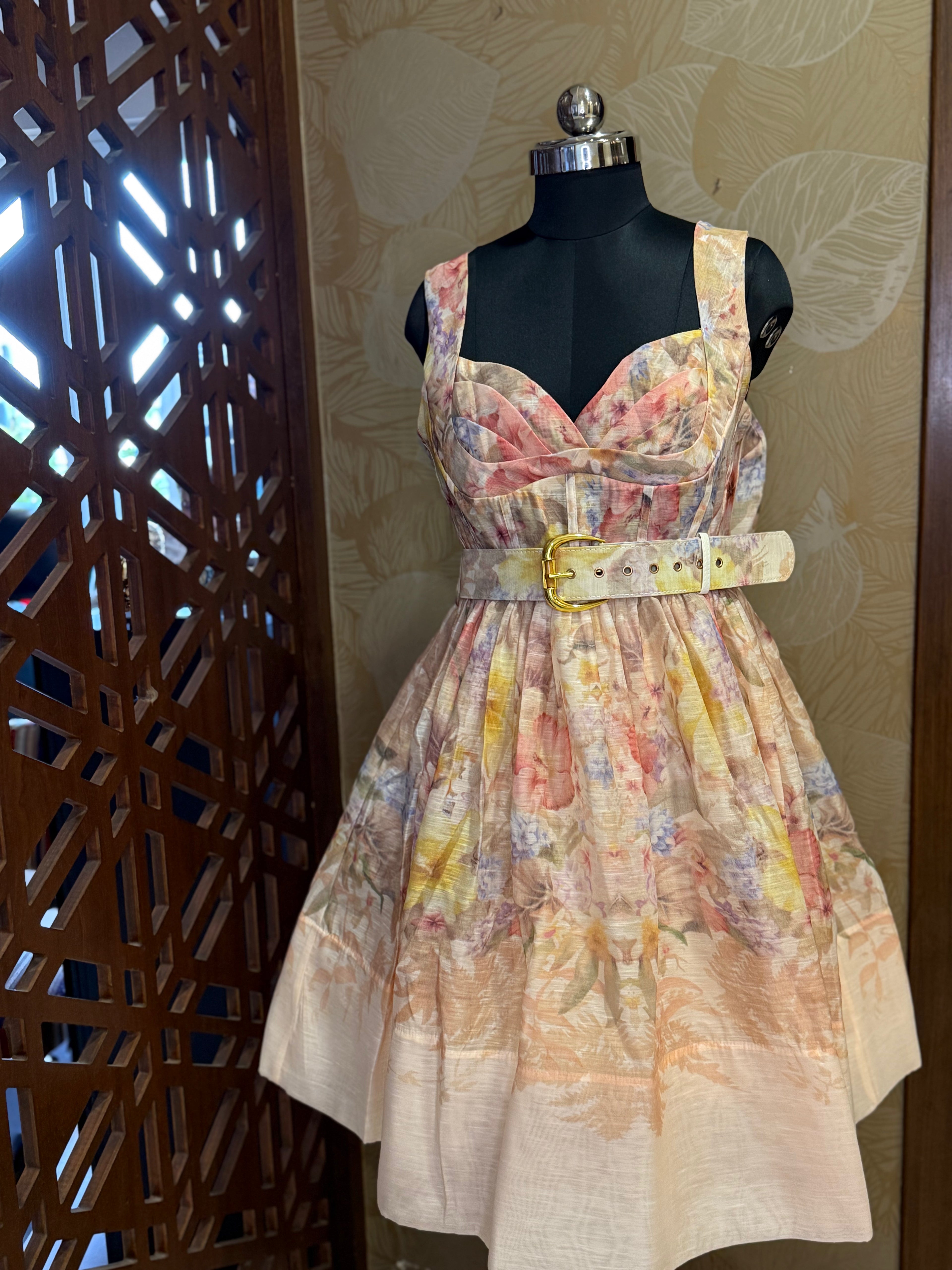 Pastel Watercolor Linen Dress with Pleated Bust & Belted Waist