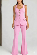 Structured sleeveless  Blazer Set with Gold Buttons & Flared Trousers