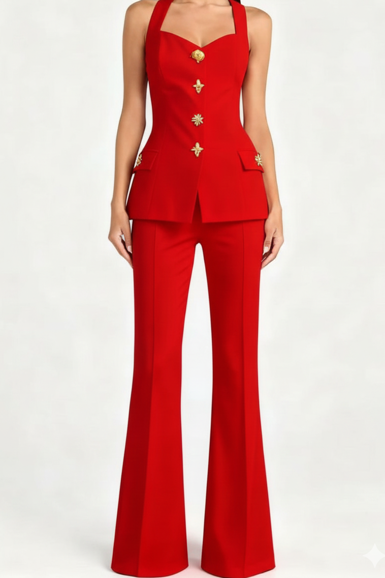 Structured sleeveless  Blazer Set with Gold Buttons & Flared Trousers