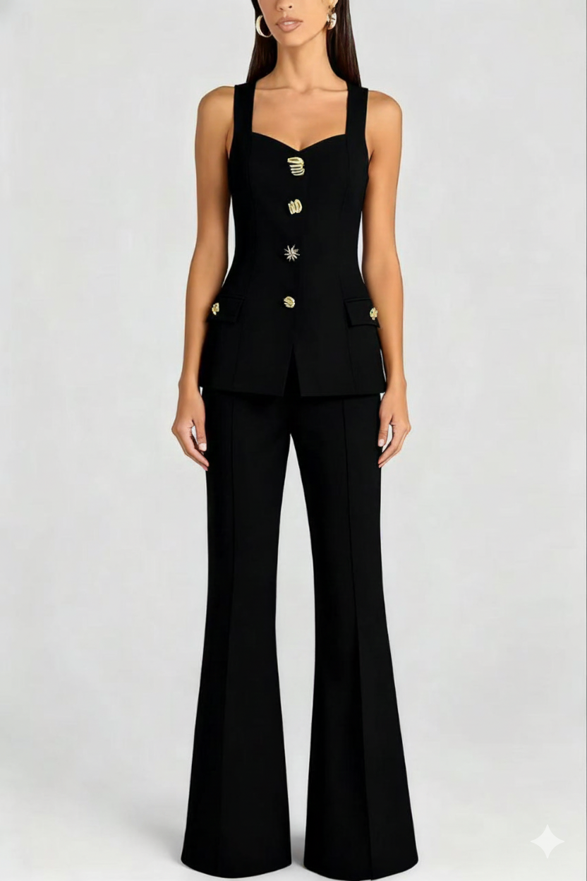 Structured sleeveless  Blazer Set with Gold Buttons & Flared Trousers