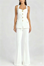 Structured sleeveless  Blazer Set with Gold Buttons & Flared Trousers