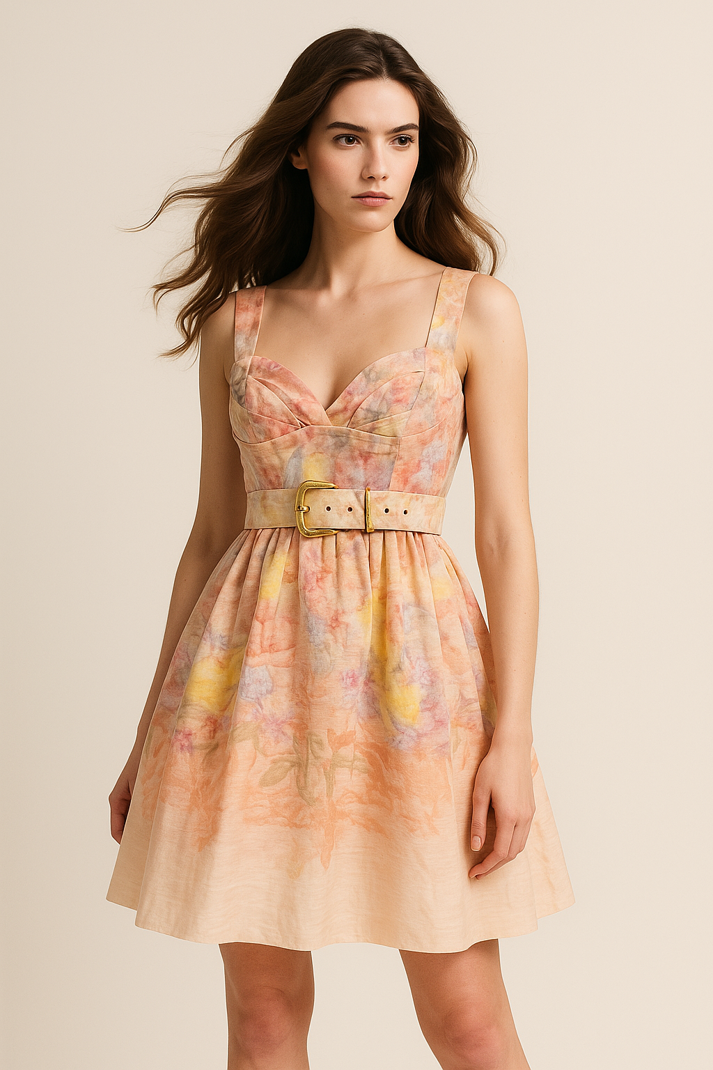 Pastel Watercolor Linen Dress with Pleated Bust & Belted Waist