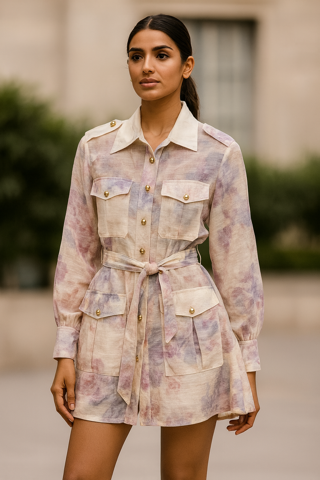 Full sleeves Pastel Watercolor Linen Shirt Dress with Belt & Inner Slip