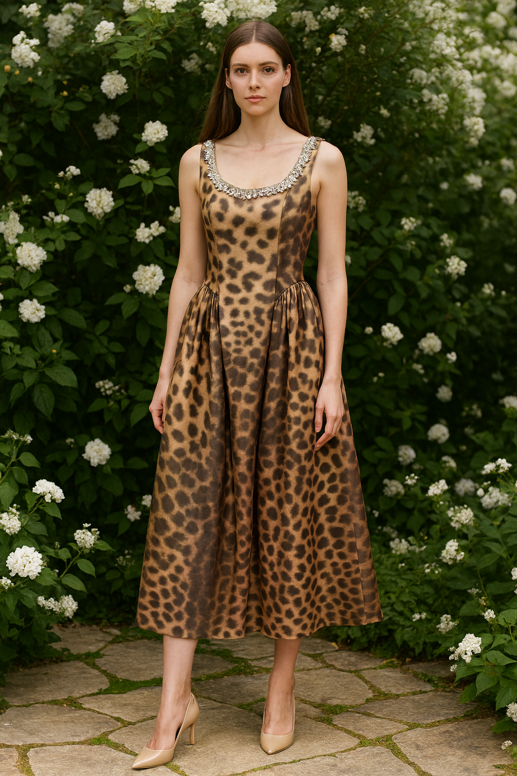 Leopard Print silk Full-Length Gown with Crystal Studded Neckline