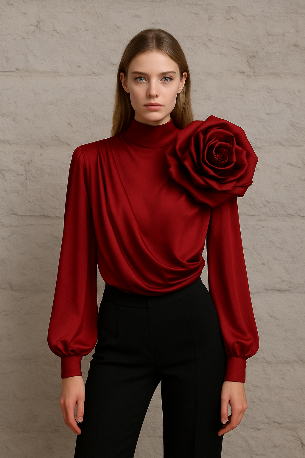 Draped Satin Rose Shoulder Blouse