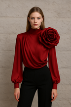 Draped Satin Rose Shoulder Blouse