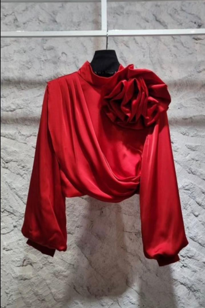 Draped Satin Rose Shoulder Blouse