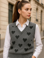 Heart Patch Beaded Woollen Sweater Vest (Grey)