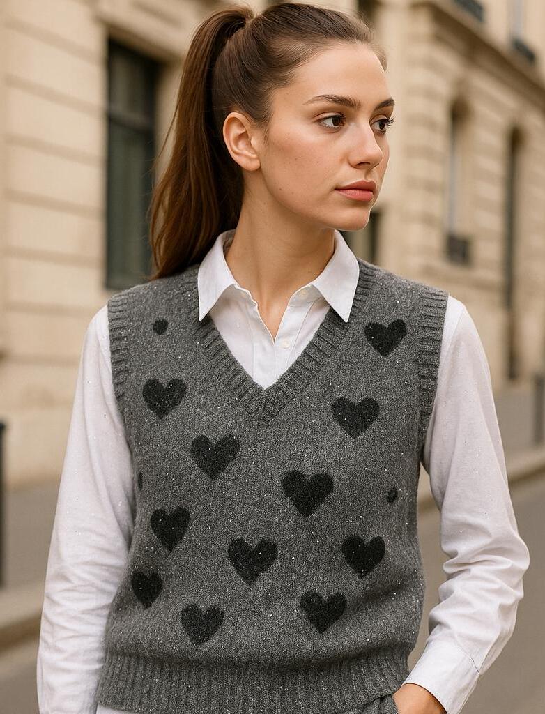 Heart Patch Beaded Woollen Sweater Vest (Grey)