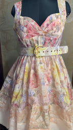 Pastel Watercolor Linen Dress with Pleated Bust & Belted Waist