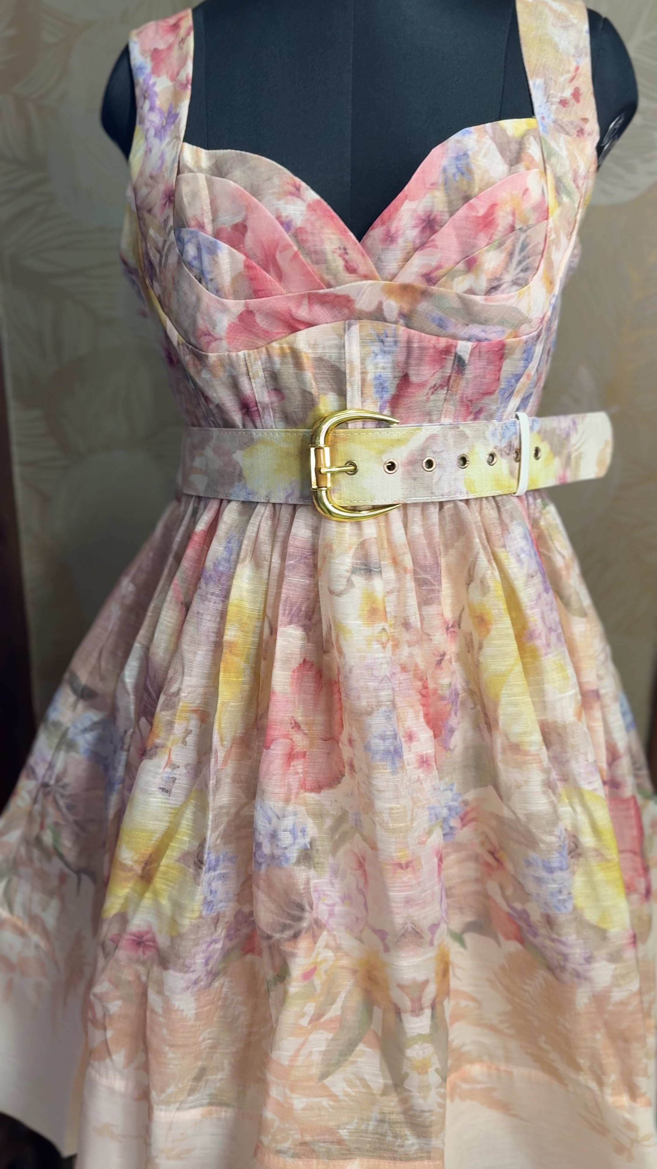 Pastel Watercolor Linen Dress with Pleated Bust & Belted Waist
